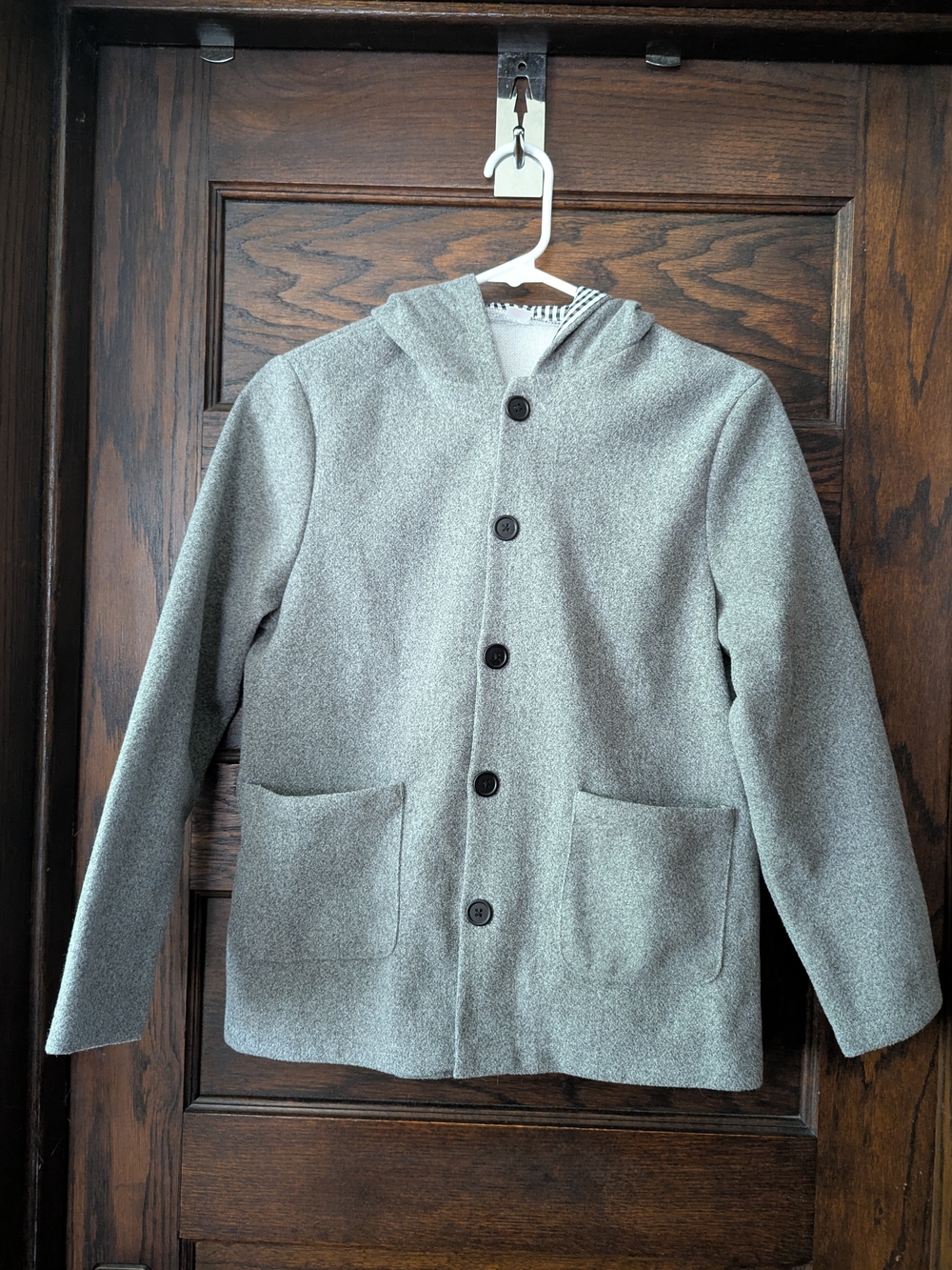 ✨NWOT!✨Kids Button-Front Coat w/ Pockets & Gingham Pattern in Hood - Grey 160cm